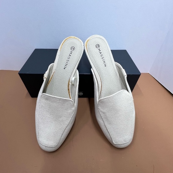 Massini Shoes - Massini Canva Cream Mules with Square Toe Design size 8.5